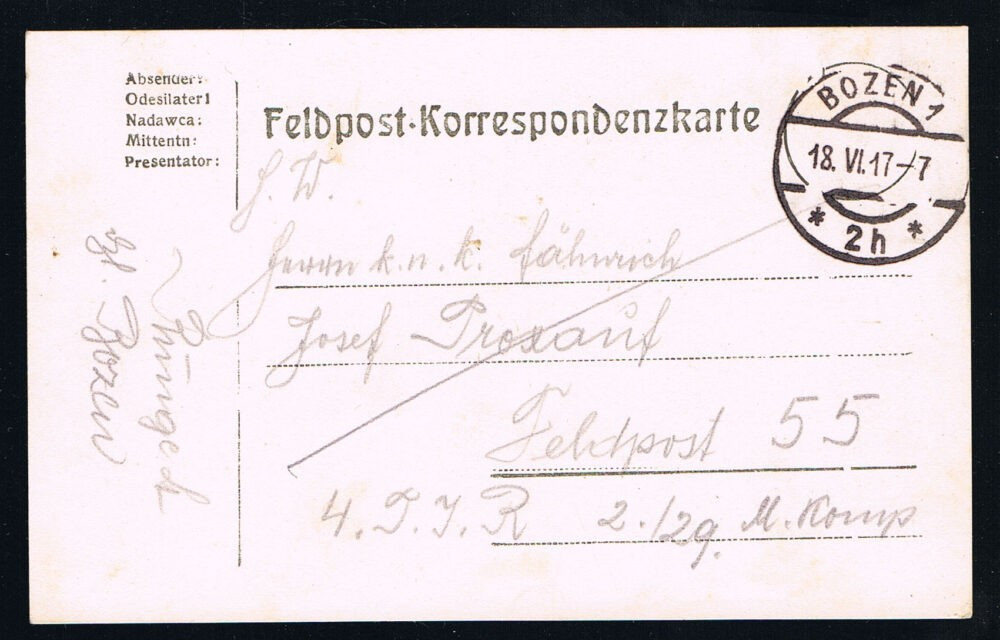 K.u.K. Feldpost Karte Bozen 1 - 2h nach Feldpost 55 1917 - 1 Weltkrieg