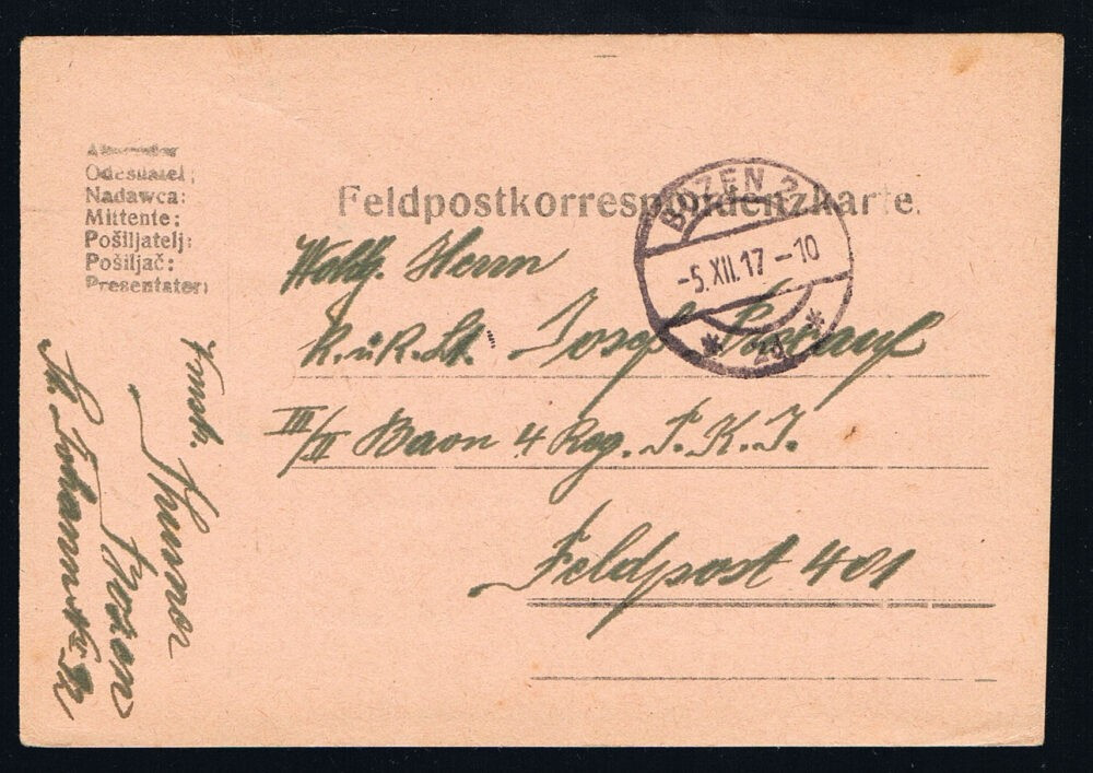 K.u.K. Feldpost Karte Bozen 2 - 2d gelaufen nach Feldpost 401 - 1917 - 1 Weltkrieg