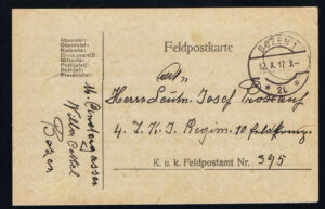K.u.K. Feldpost Karte Bozen 1 gelaufen nach Feldpost 395 - 1917 - 1 Weltkrieg
