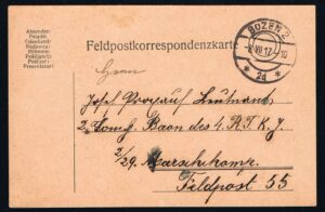 K.u.K. Feldpost Karte Bozen 2 - 2d gelaufen nach Feldpost 55 - 1917 - 1 Weltkrieg
